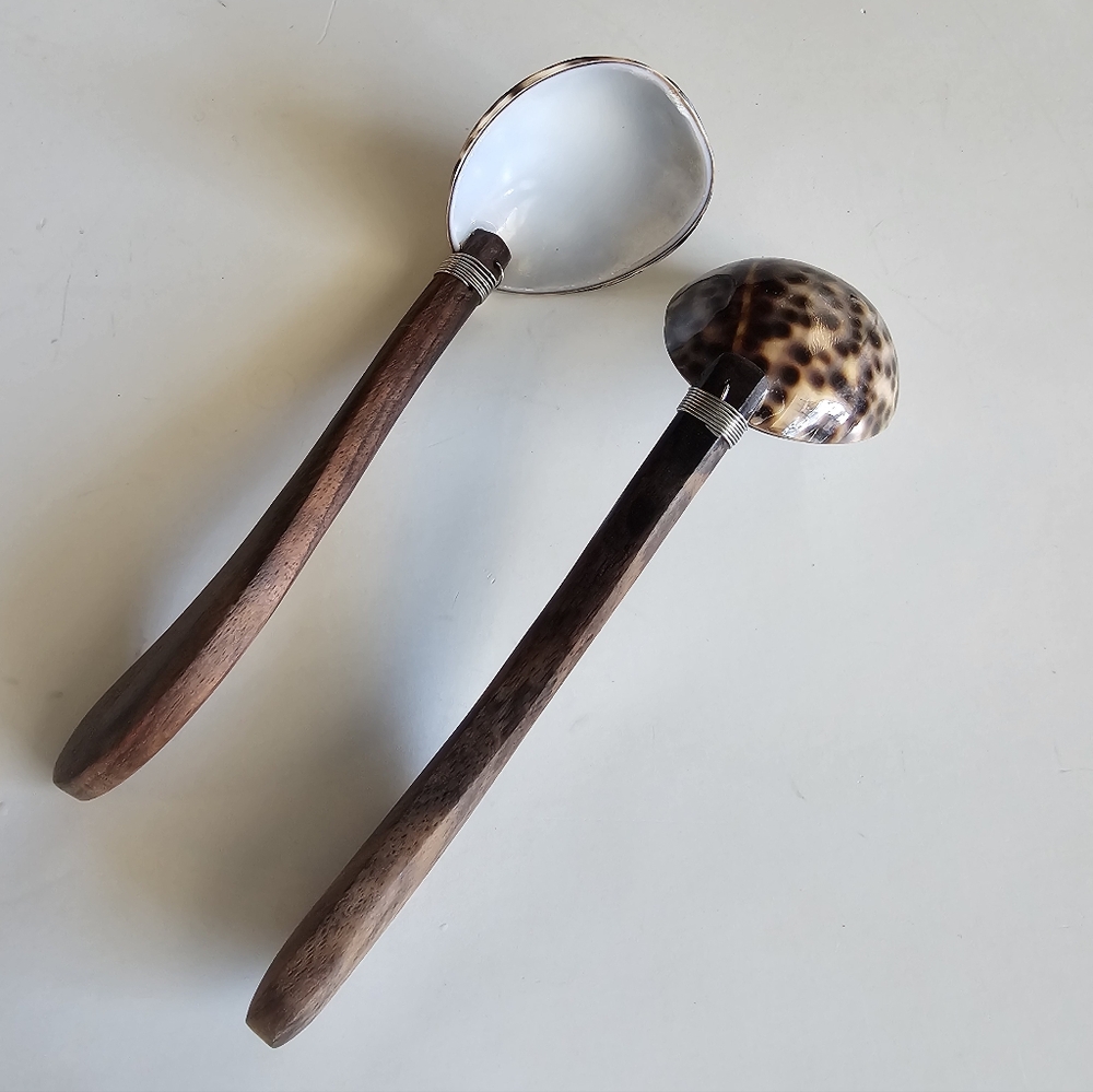 Pair Two Cowry Sea Shell and Coconut Wood Serving Spoon Soup Salt Spice Sugar
